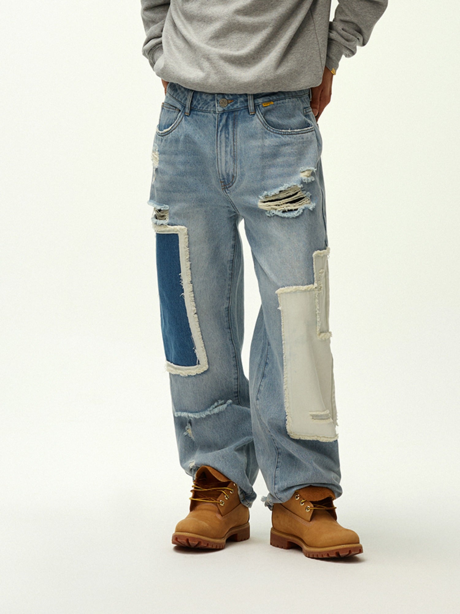 Asymmetric Patchwork Distressed Straight-Leg Jeans