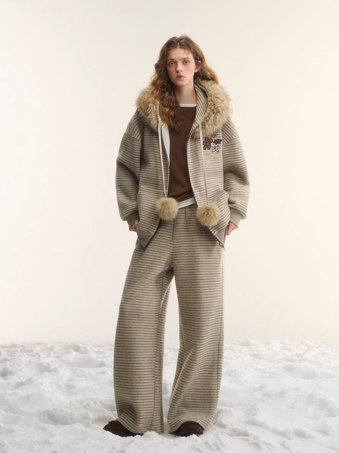 Plush Plaid Patchwork Jacket &amp; Straight-Leg Pants Set