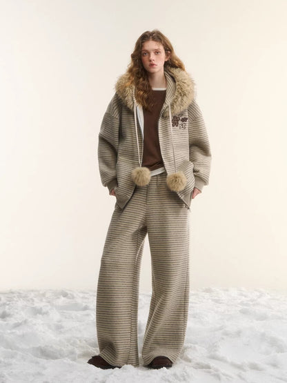 Plush Plaid Patchwork Jacket &amp; Straight-Leg Pants Set