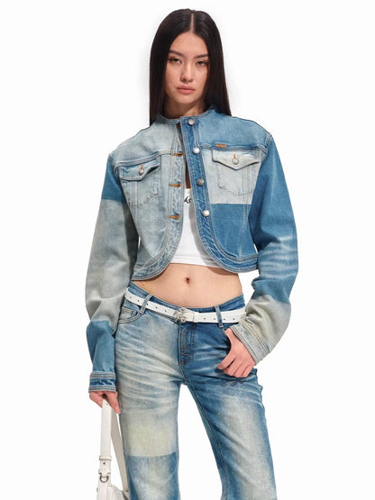 Equestrian Contrast Panel Washed Denim Jacket