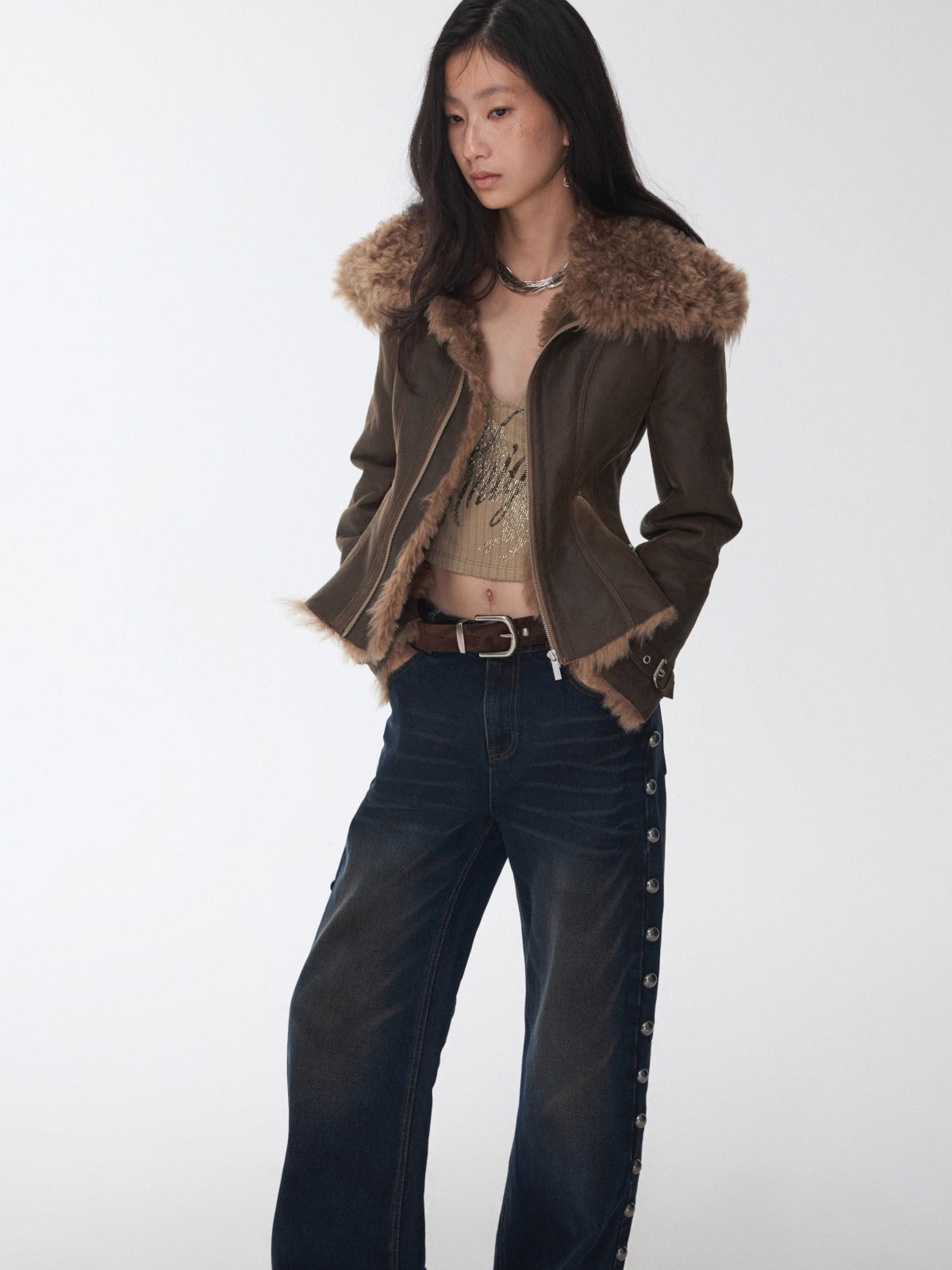 Faux Shearling-Lined Washed Leather Slim Jacket