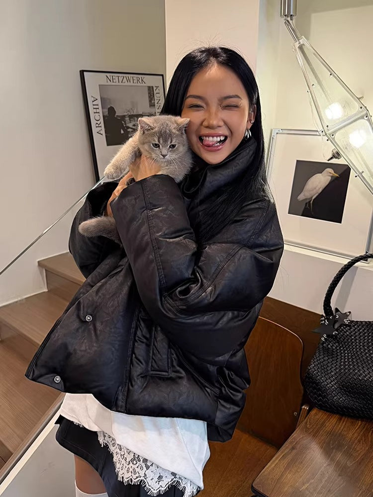 Oversized Leather-Texture Down Jacket