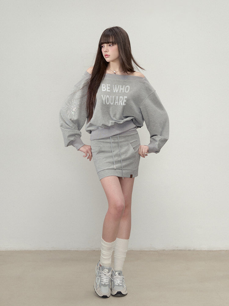 Rhinestone Letter One-Shoulder Sweatshirt &amp; Skirt Set