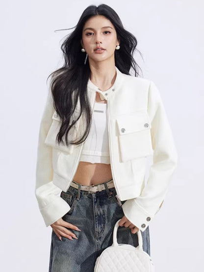 Chic Stand-Collar Tweed-Style Short Jacket