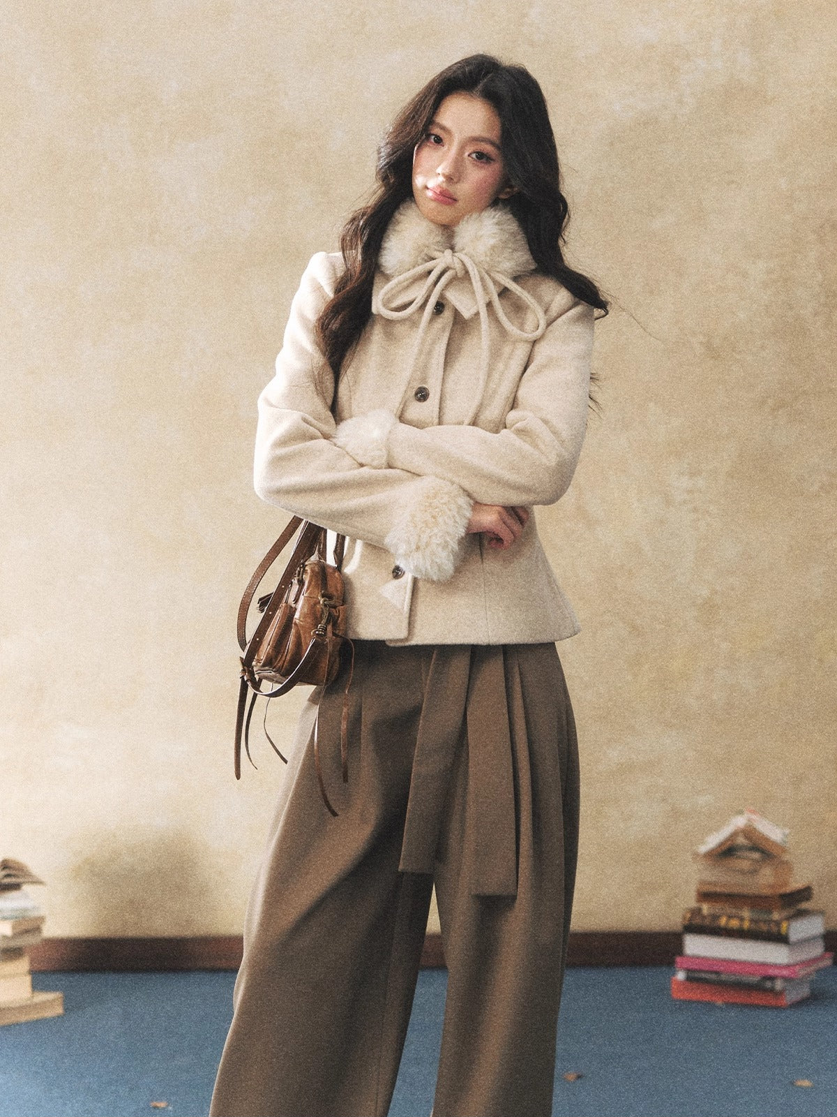 Detachable Fur-Collar Wool-Blend Jacket