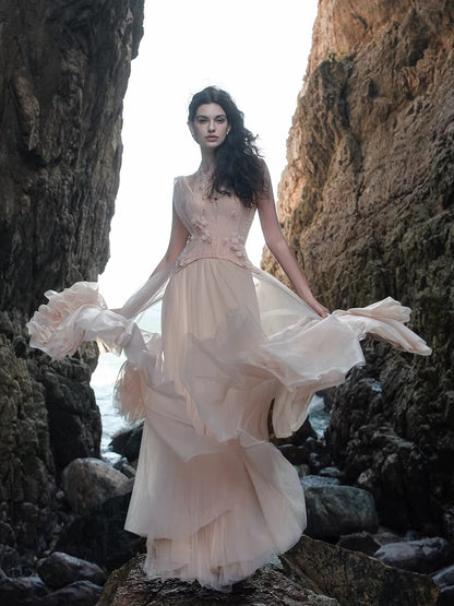 Heavy Lace Halter Corset Mesh Maxi Dress