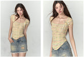 Pink & Yellow & Black Fitted Plaid Square Neck Top - CHINASQUAD