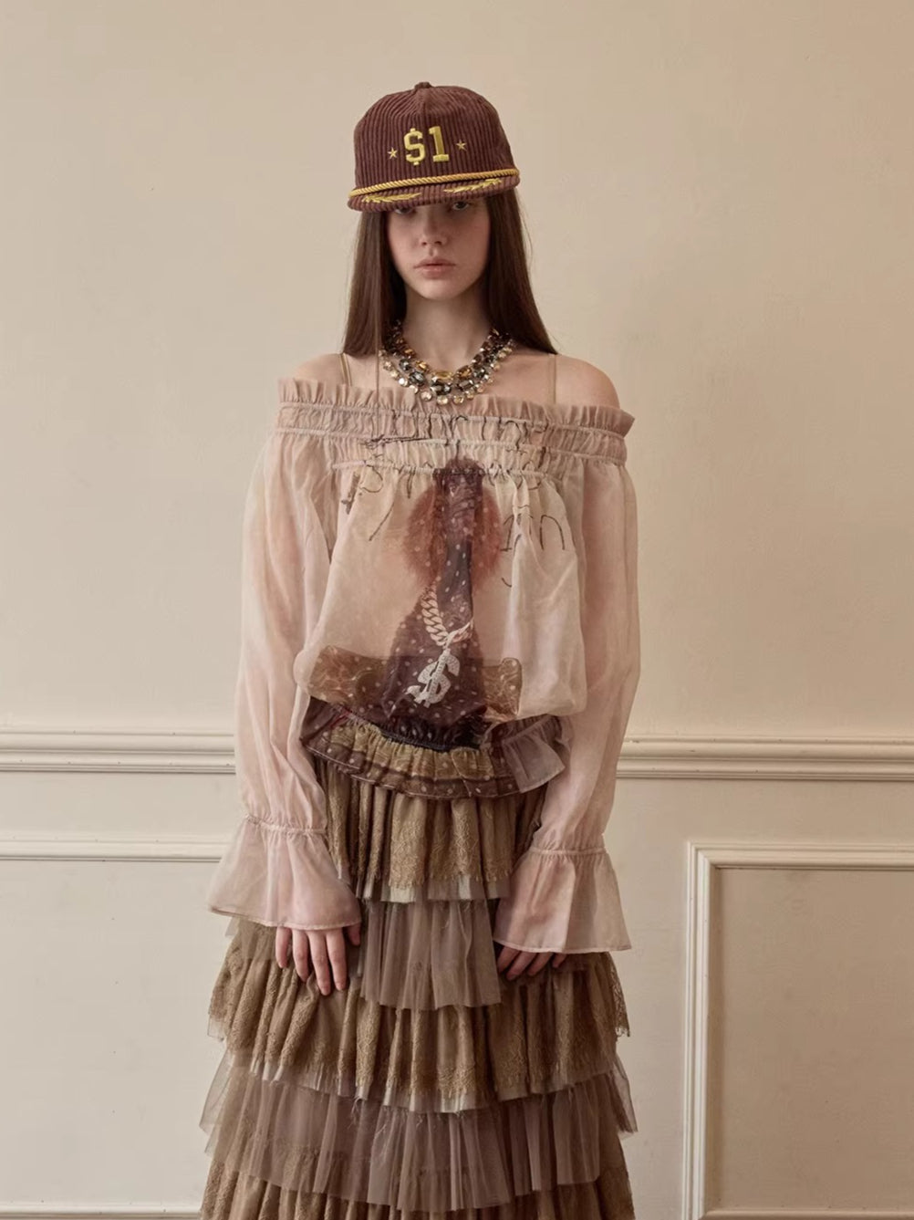 Sheer Chiffon Graphic Long-Sleeve Top