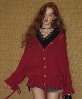 Wool-Blend Drawstring Floral V-Neck Knitted Cardigan - CHINASQUAD