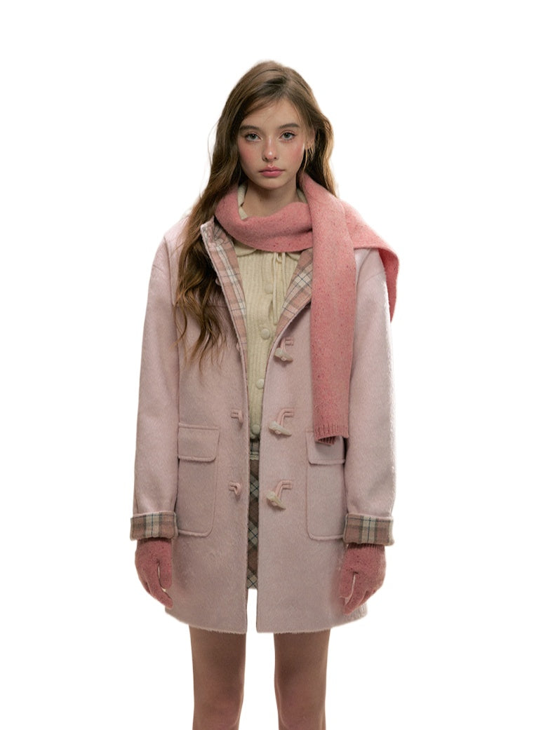 Pink Plaid Horn-buttoned Coat