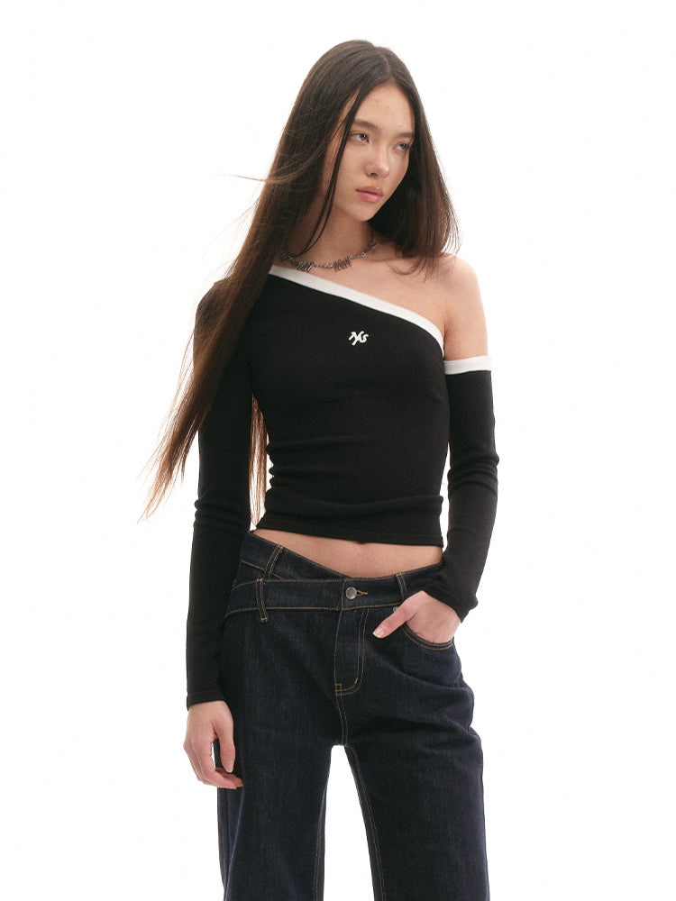 Asymmetrical Shoulder Slim-Fit Long-Sleeve Top