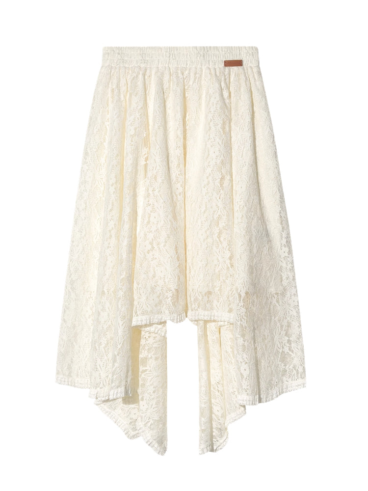 Beige Lace Irregular Hem Midi Skirt - CHINASQUAD