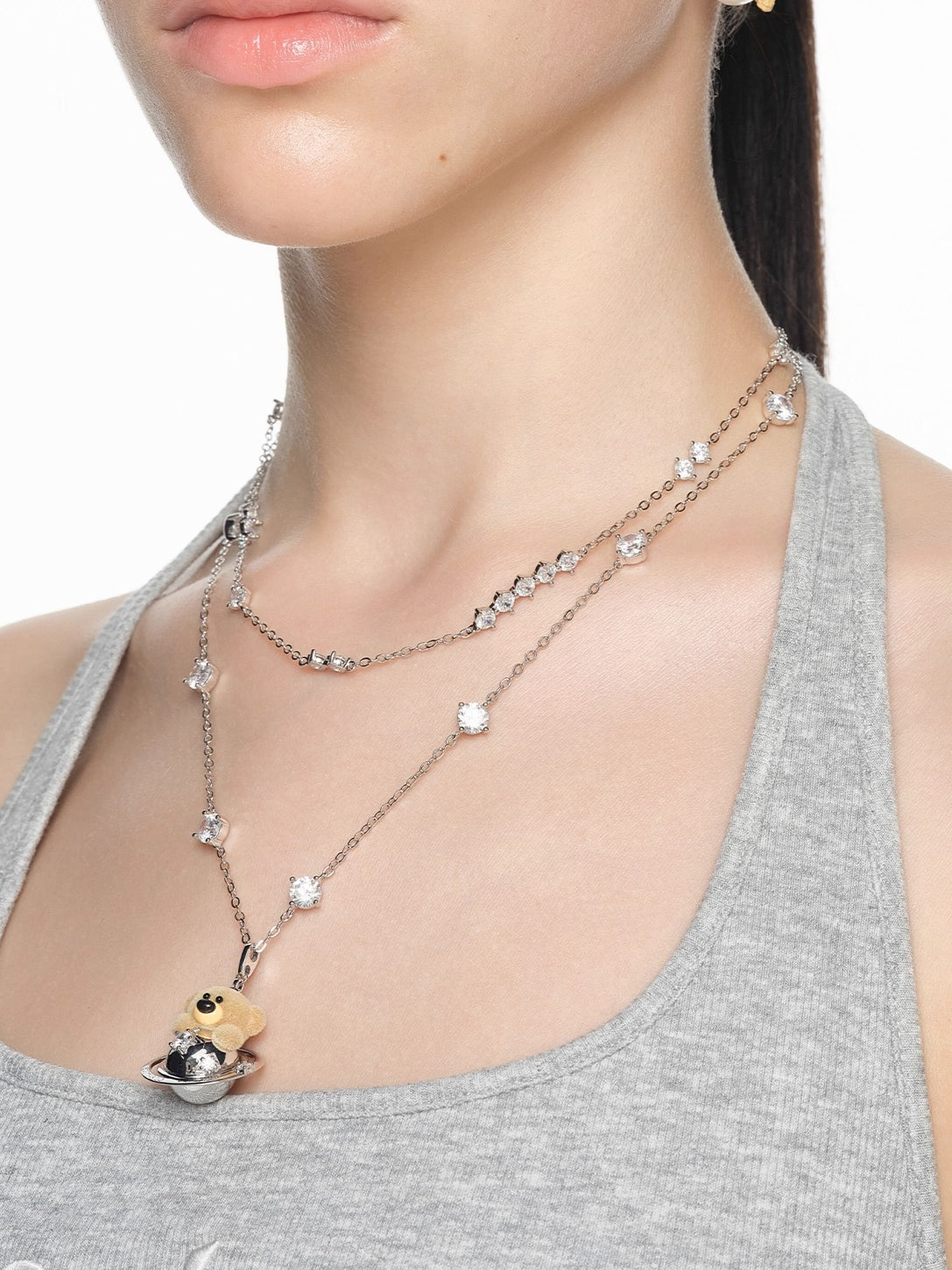 Flocked Bear Double Layer Necklace