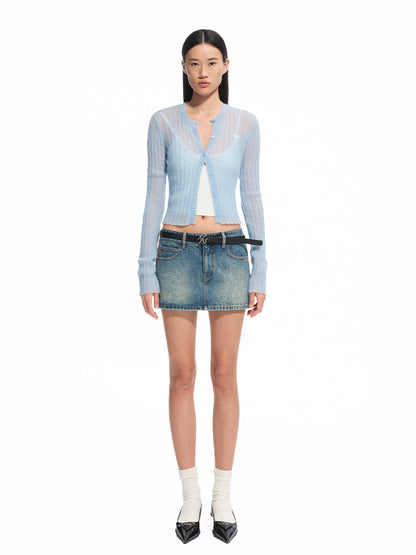 Washed Denim Twill Leather Patchwork Mini Skirt - CHINASQUAD