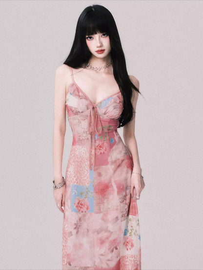 Floral V-Neck Spliced Print Slip Dress