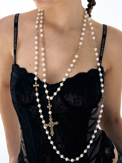 Double-Layered Pearl Fleur-de-Lis Cross Long Necklace