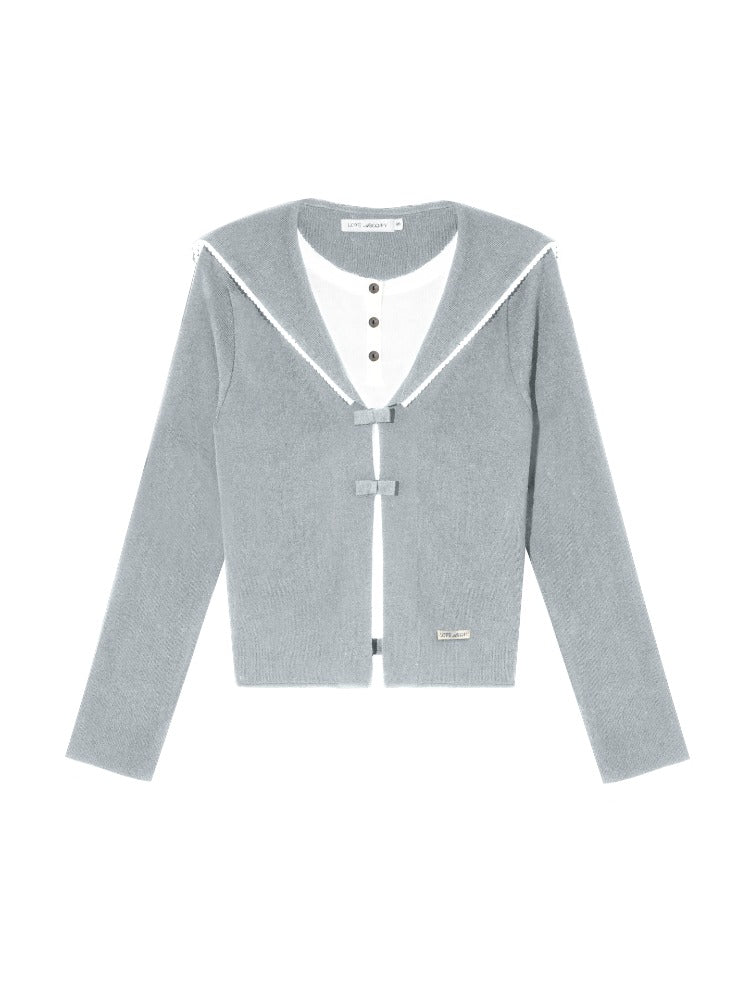 Contrasting Fake Two Piece Woolen Cardigan