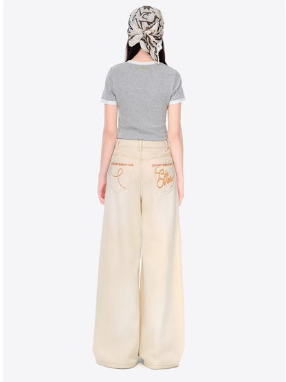 Distressed Plaid Straight-Leg Wide Jeans