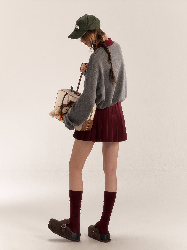 Color-Block Polo Collar Wool Knit Cardigan