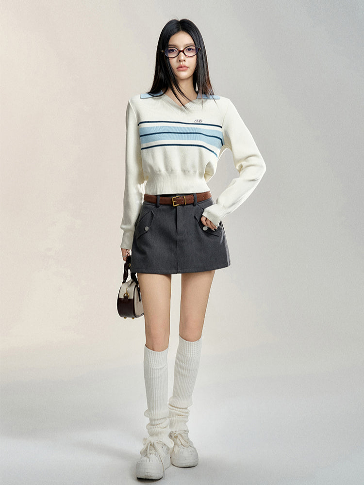 Beige Polo Collar Color-block Sweater