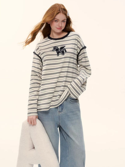 Contrast Stripe Crewneck Long-Sleeve T-Shirt