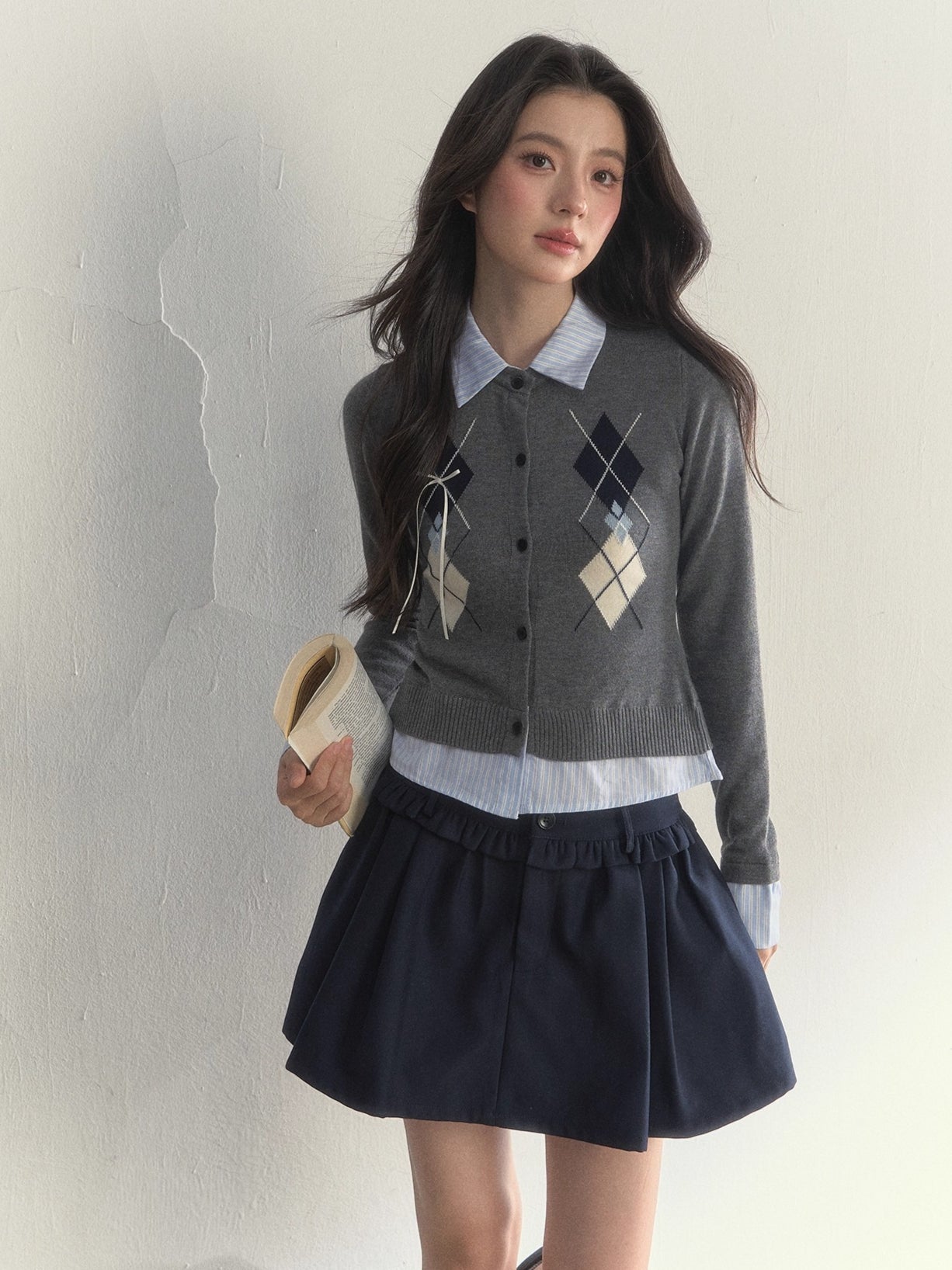 Layered Argyle Shirt Collar Knit Cardigan