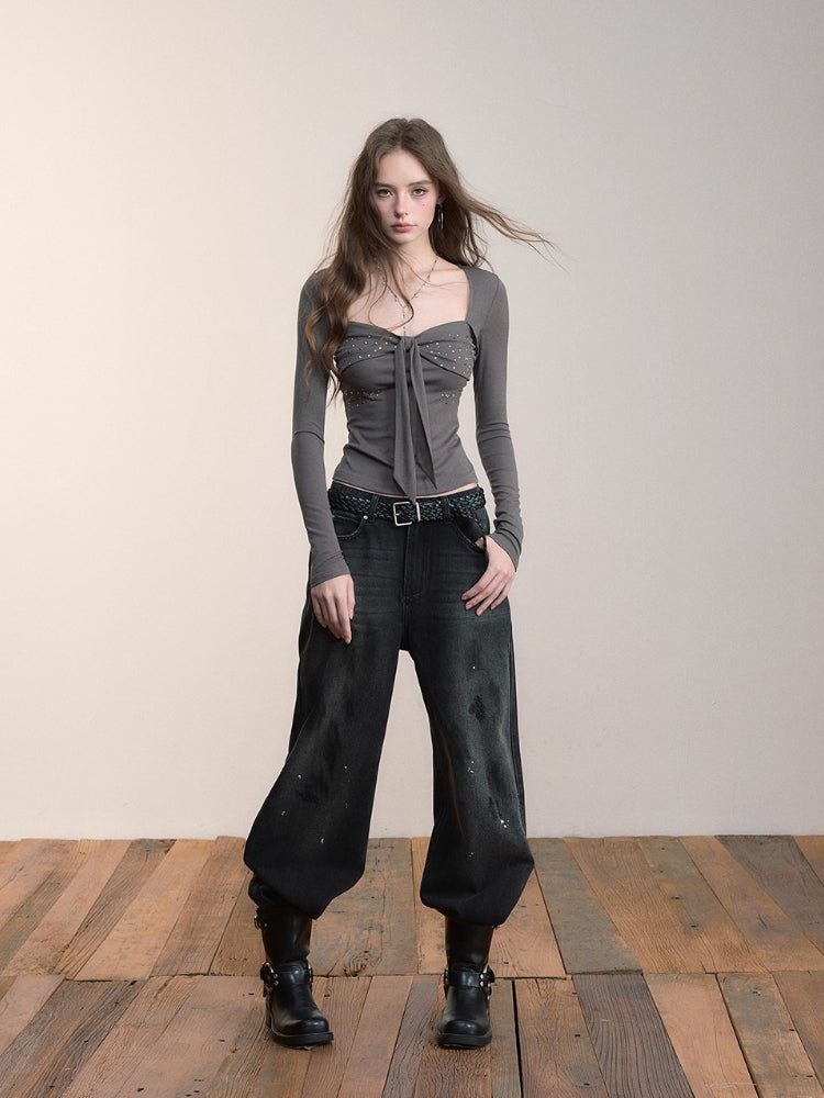 Heavy-Duty Distressed Wide-Leg Jeans - CHINASQUAD
