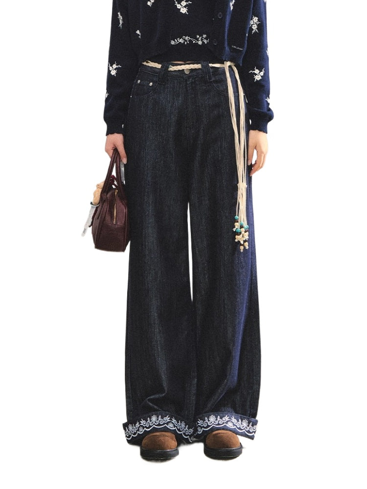 Embroidered Belt High-Waist Straight Pants