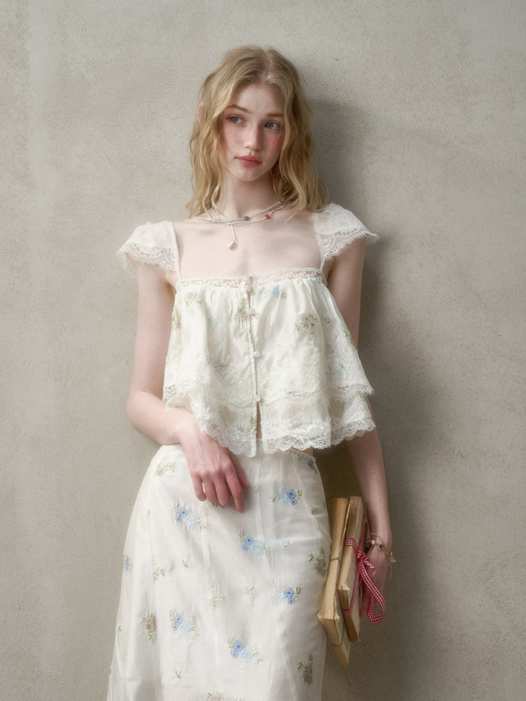 Lace Embroidery Flower French - Style Shirt &amp; Skirt Set