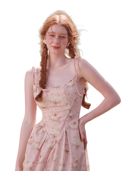 French Sweet Floral Corset Slip Pink Dress