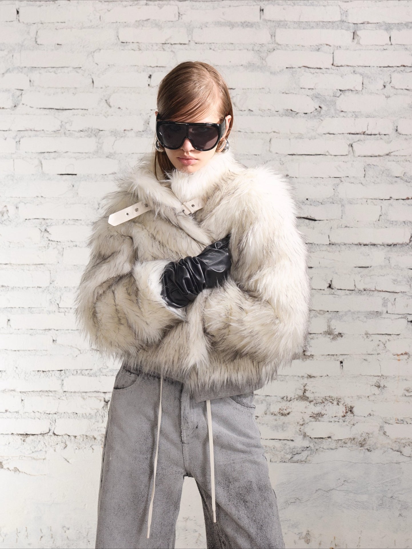 Metal-Buckle Stand Collar Faux Fur Coat