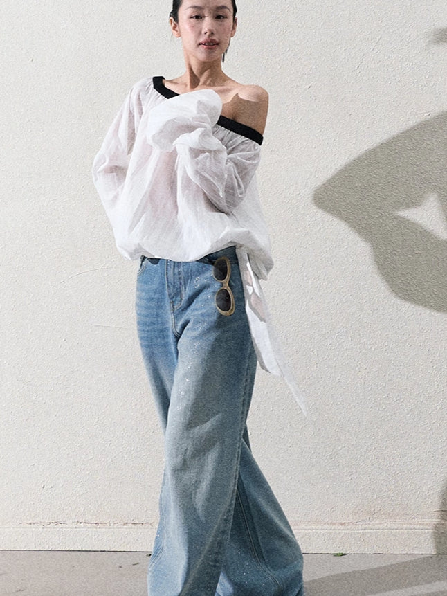 Cotton Silver-Splatter Wide-Leg Jeans