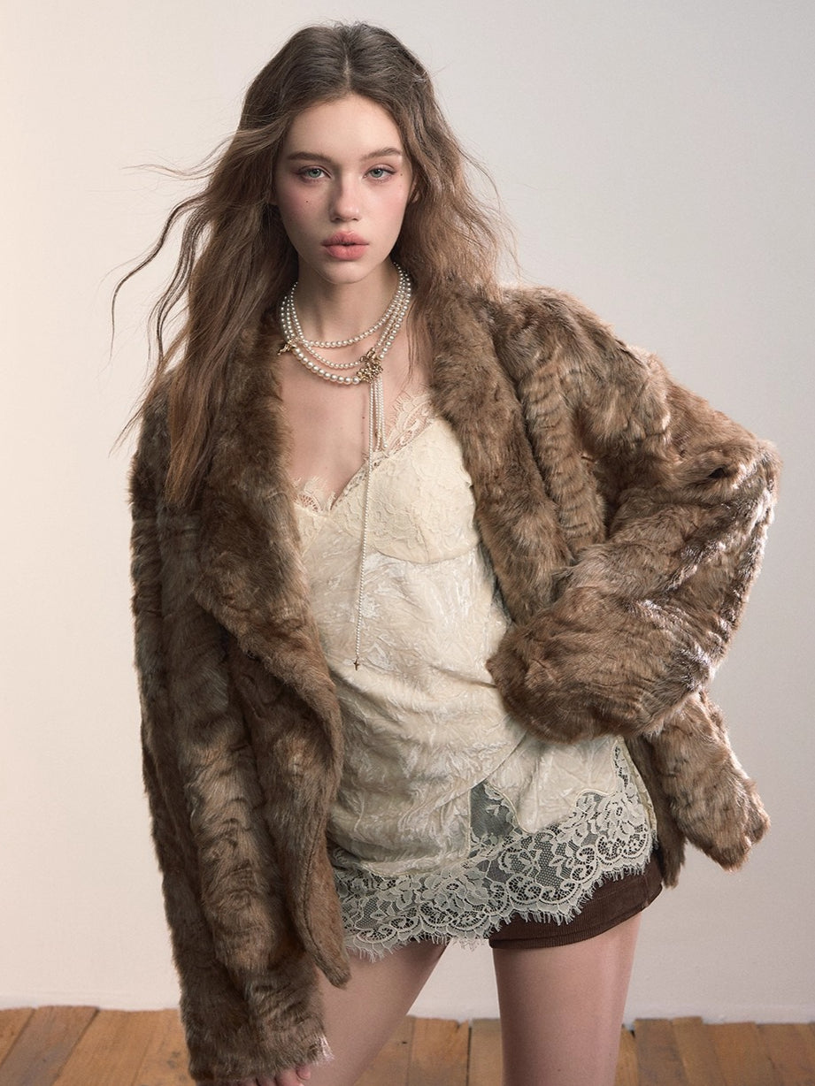 Textured Faux Fur Oversized Lapel Jacket