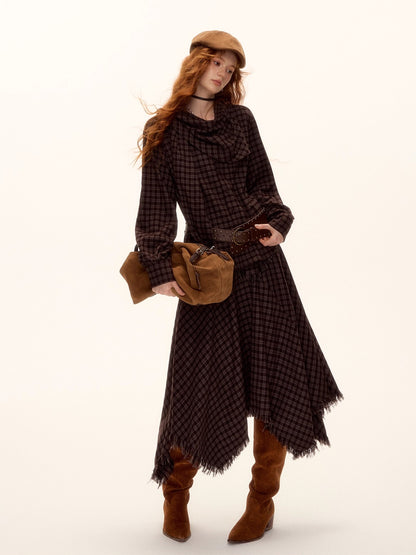 Frayed Hem Plaid Studded Belt Asymmetric A-Line Midi Skirt