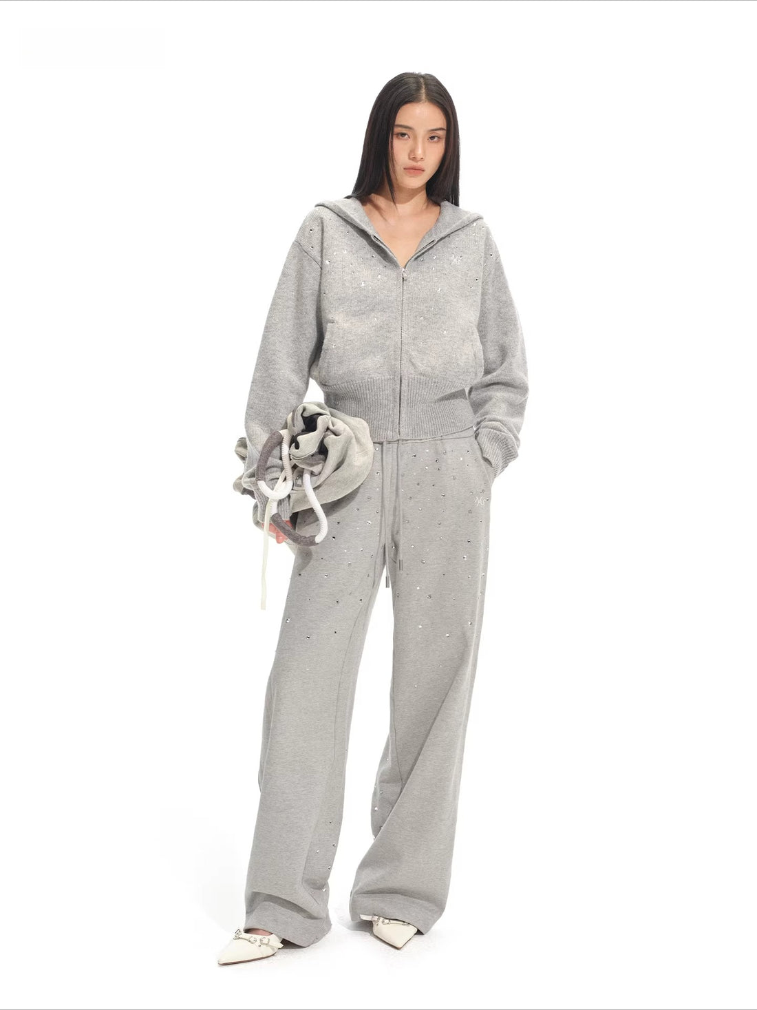 Stardust Gradient Rhinestone Hooded Knit Cardigan