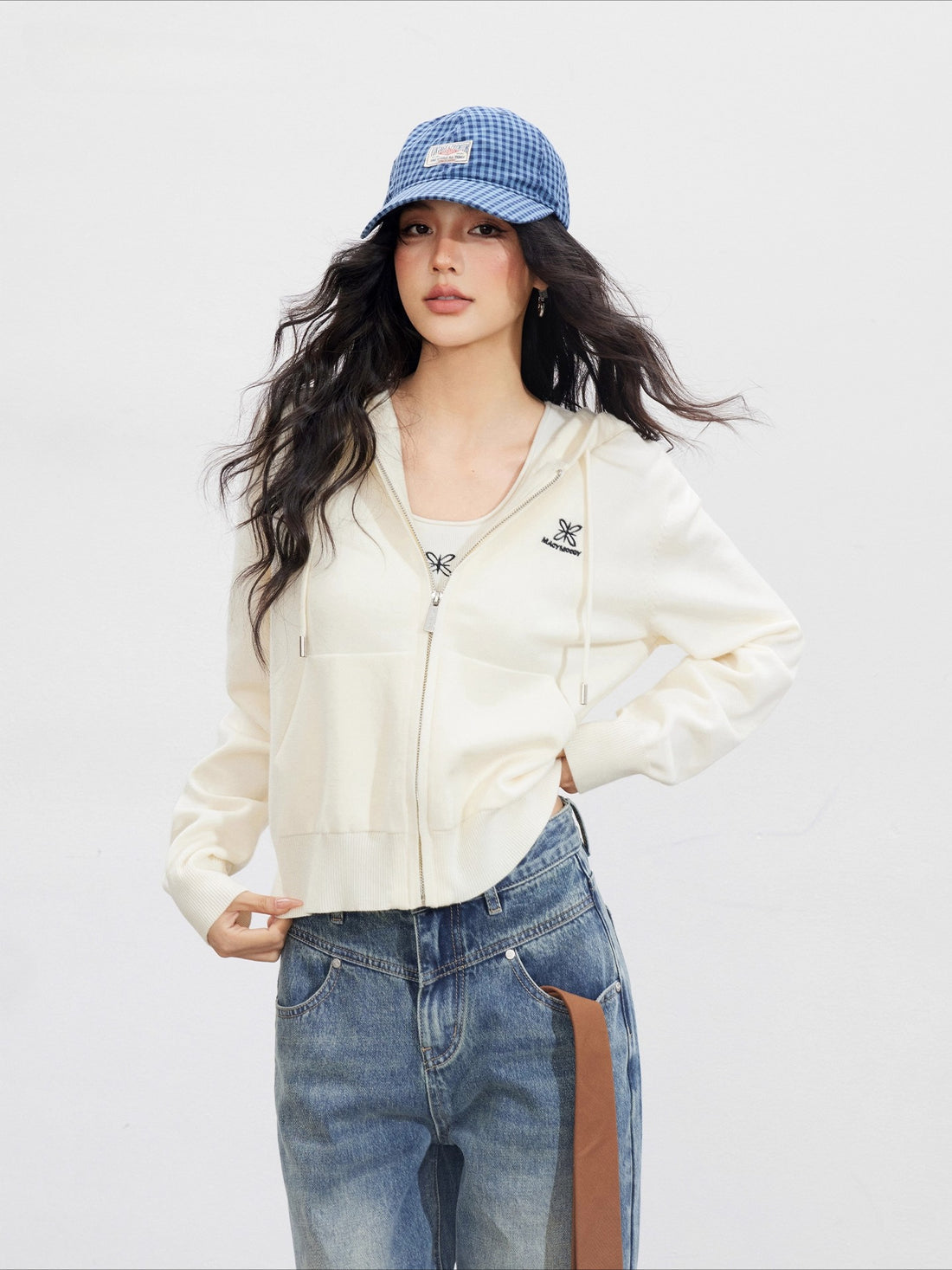 Embroidered Knit Zip-up Hoodie