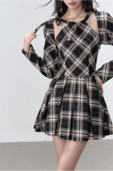 Black Plaid A-line Halter Mini Dress - CHINASQUAD