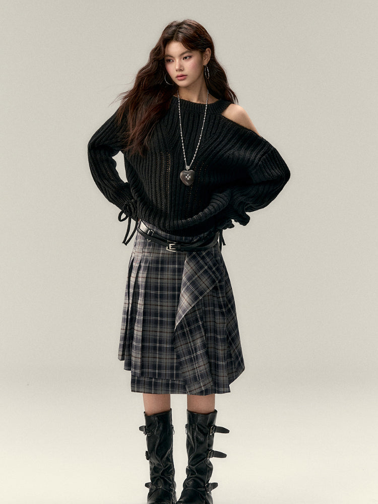 Asymmetrical Plaid Midi Skirt