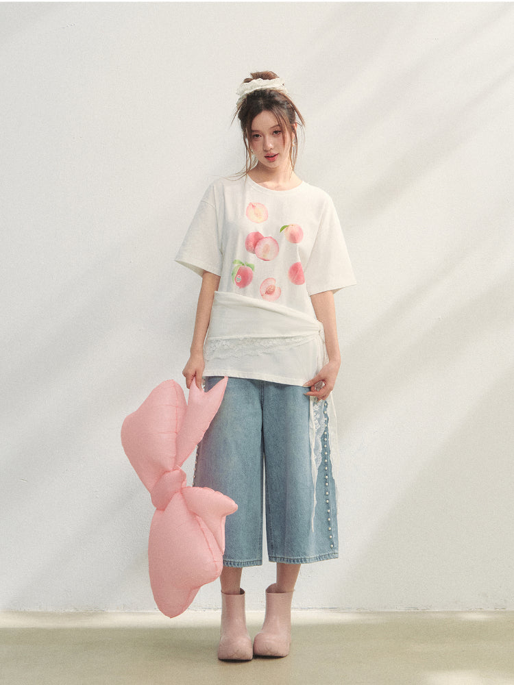 Fruit Print Lace-Trimmed Tie-Up T-shirt