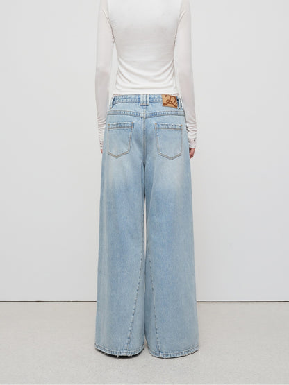 Light Blue Structured Wide-Leg Denim Pants