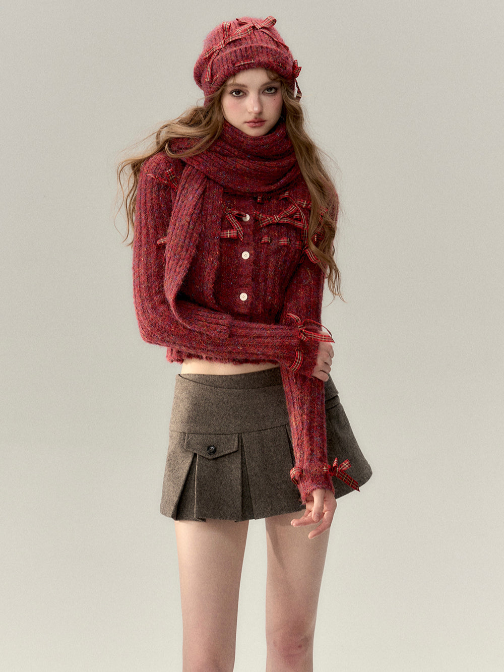 Bowknot Knit Cardigan &amp; Hat &amp; Scarf Set