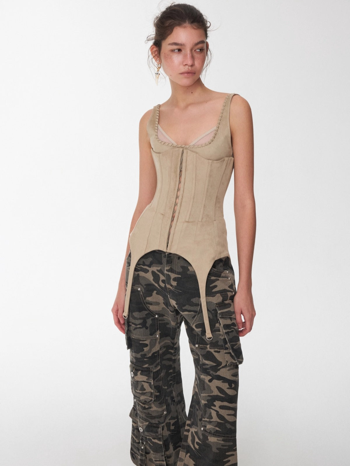 Dual-Layer Suede Lace-Up Bustie Corset