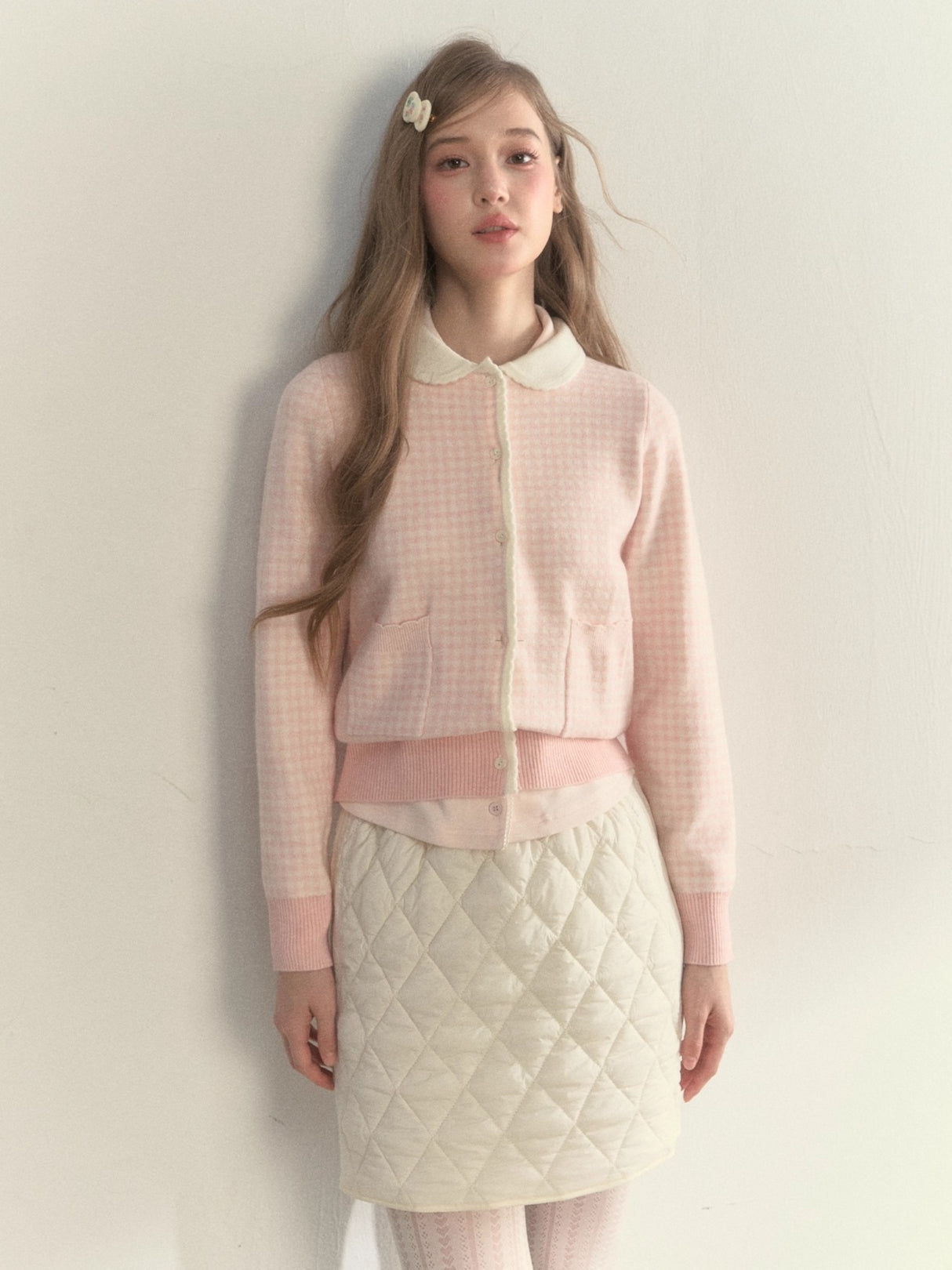 Sweet Pink Gingham Doll Collar Knit Cardigan