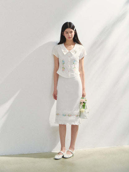 Embroidered Short-sleeve Waist-cinching Shirt &amp; Skirt Set