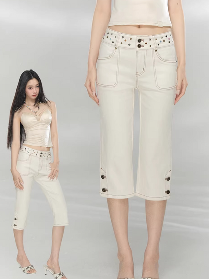 Studded Belt Cropped Denim Pants