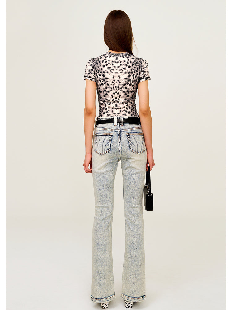 Rivet Biker Zipper Elastic Split Flare Jeans
