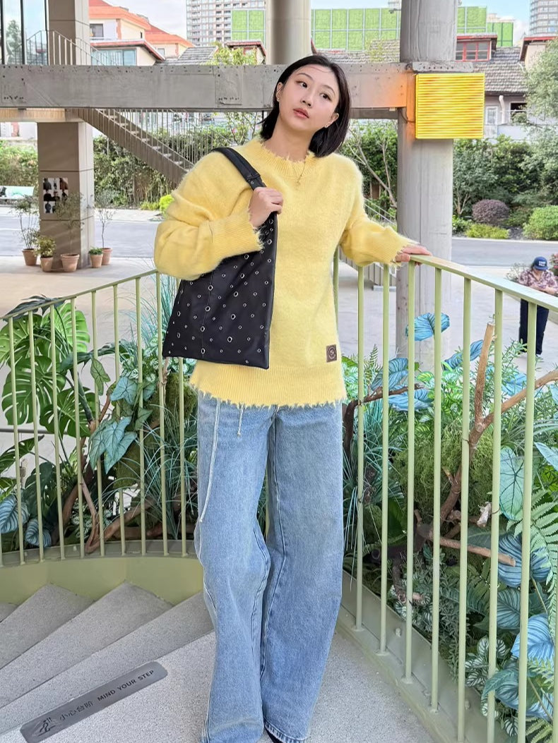 Asymmetric Tie-Detail Loop-Tab Denim Jeans