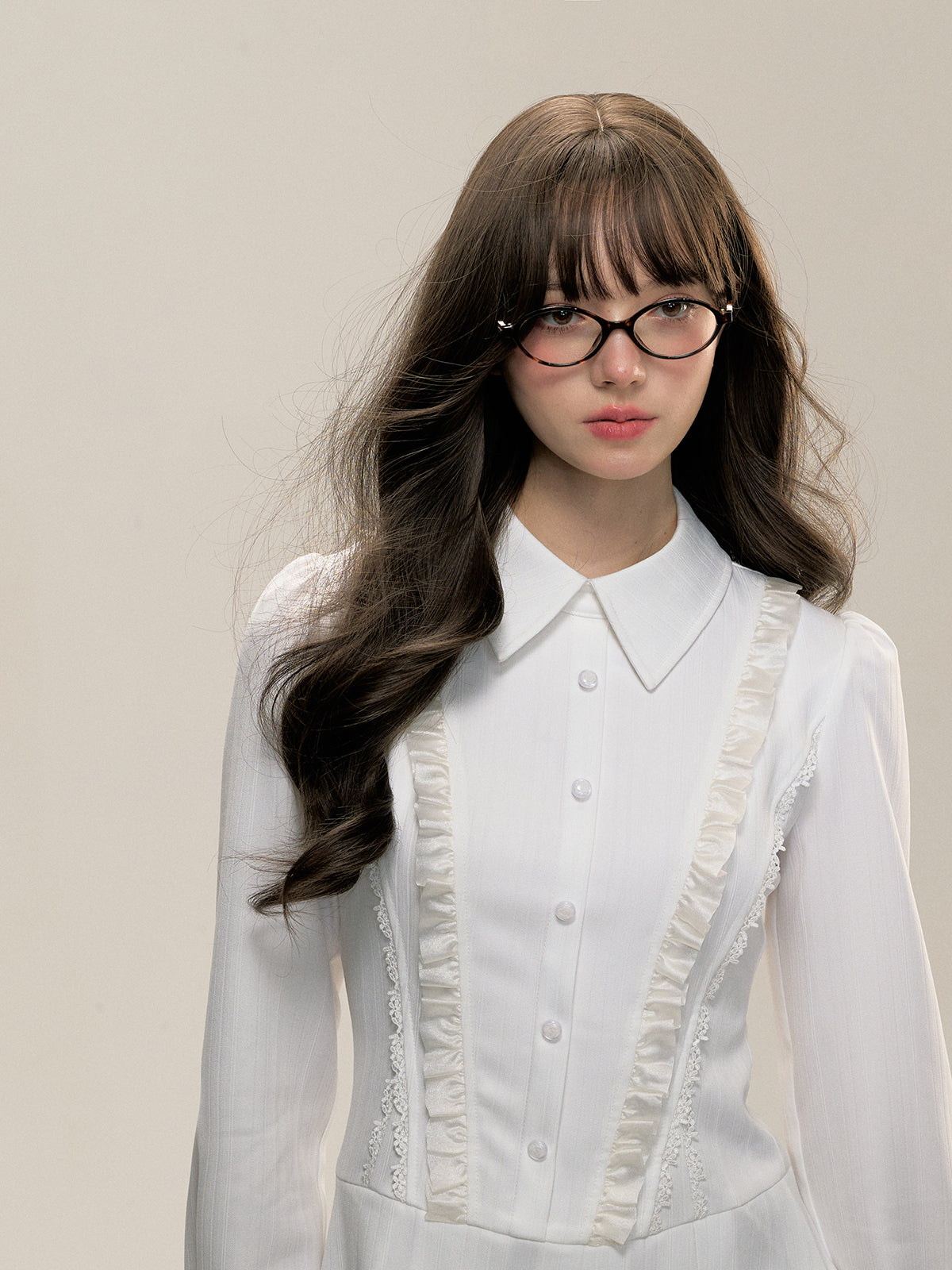 Off-white Pleated Shirt Collar Dress