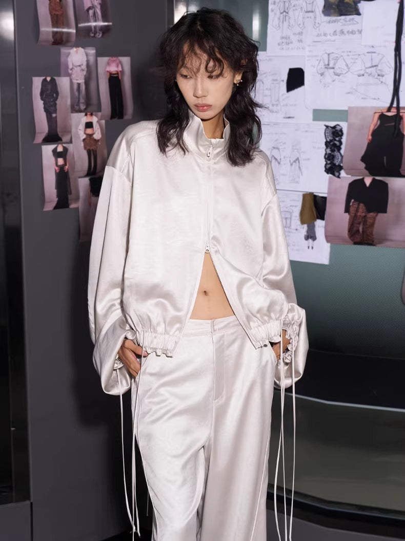 Draped Satin Pleated Wide-Leg Trousers