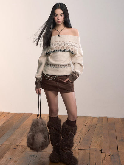 Fair Isle Off-Shoulder Wool Blend Knit Sweater